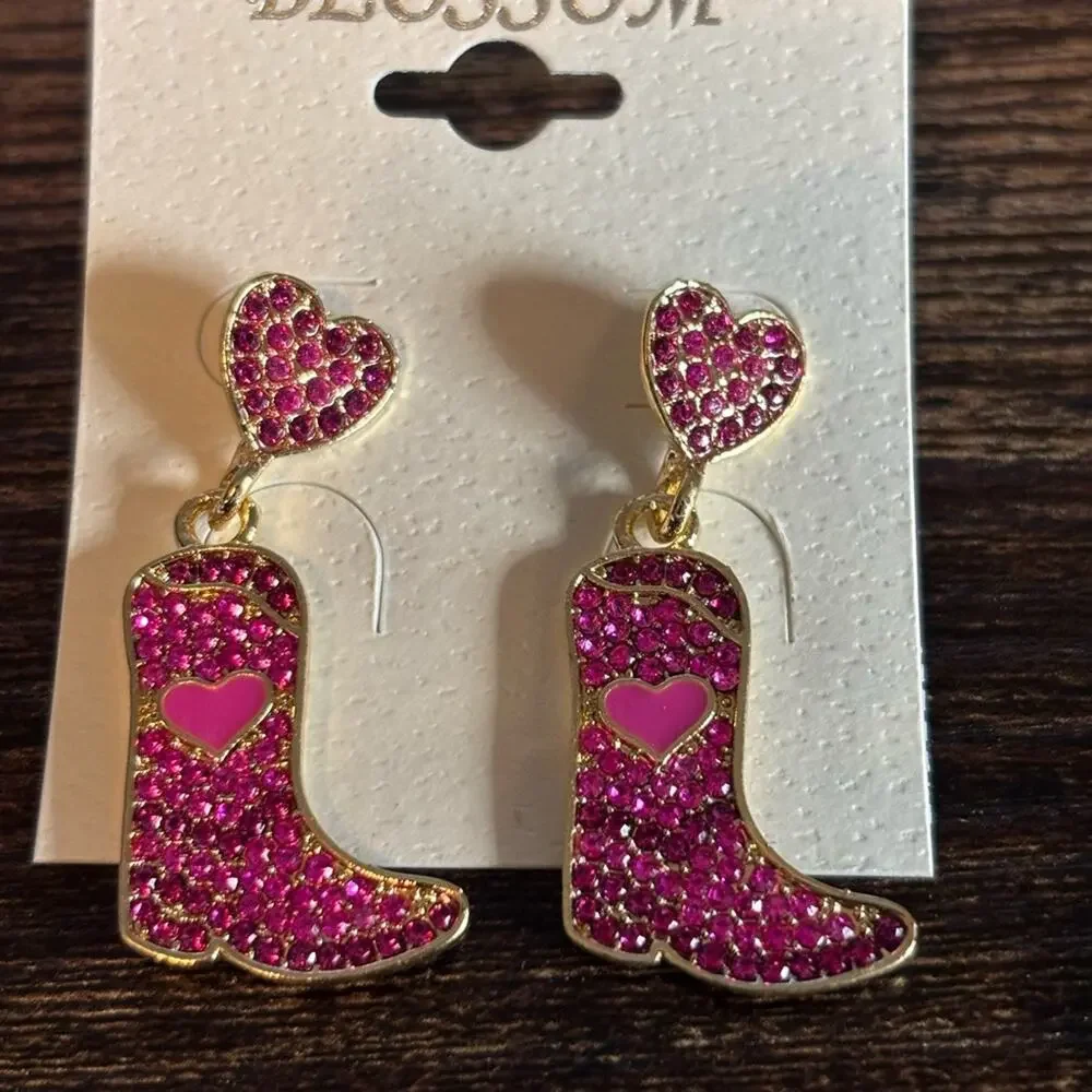 Pink Cowboy Boot Earrings with Heart Accent - Picture 2 of 3
